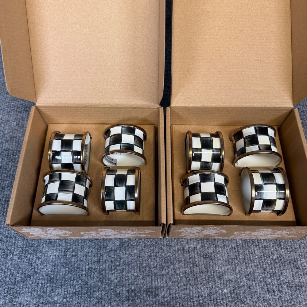 MacKenzie Childs Courtly Check Enamel Napkin Rings Holder Black White Set Of 8